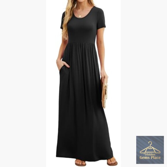 Summer Maxi Dress with Pockets, Short Sleeve Crew Neck, Relaxed Fit - Picture 2 of 7
